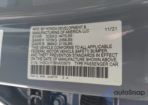 2022 Honda Accord Sport from USA, damaged, VIN 1HGCV1F38NA005679